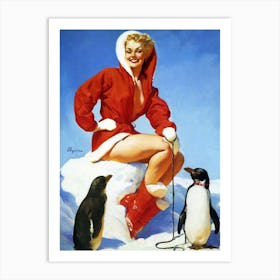 Pinup Girl Posing With Penguins Art Print