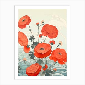 Great Wave With Ranunculus Flower Drawing In The Style Of Ukiyo E 4 Art Print