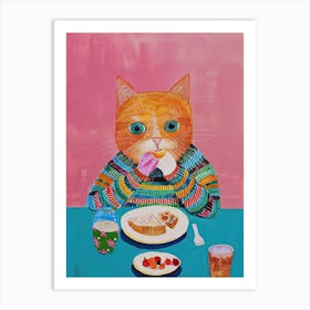 Happy Orange Cat Having Breakfast Folk Illustration 1 Art Print