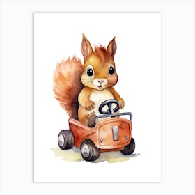 Baby Squirrel On A Toy Car, Watercolour Nursery 1 Art Print