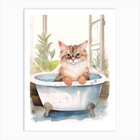 Balinese Cat In Bathtub Botanical Bathroom 1 Art Print