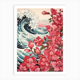 Great Wave With Bougainvillea Flower Drawing In The Style Of Ukiyo E 2 Art Print