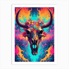 Floral Bull Skull Neon Iridescent Painting (17) Art Print