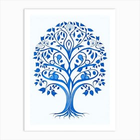 Family Tree Symbol Blue And White Line Drawing Art Print