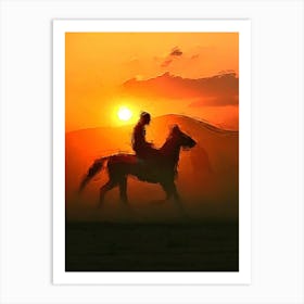 Sunset, A Horse And Horseman Art Print