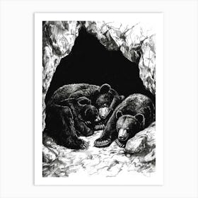 Malayan Sun Bear Family Sleeping In A Cave Ink Illustration 2 Art Print