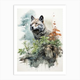 Wolf, Japanese Brush Painting, Ukiyo E, Minimal 3 Art Print