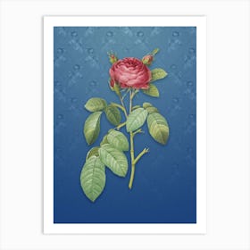 Vintage Red Gallic Rose Botanical on Bahama Blue Pattern n.0874 Art Print