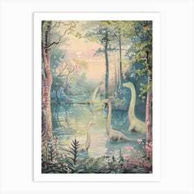 Brachiosaurus Family Bathing In The River Storybook Painting 2 Art Print