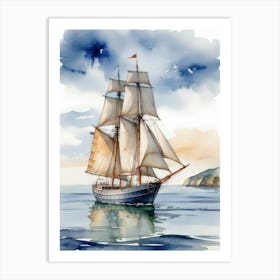 Sailing ship on the sea, watercolor painting 3 Art Print