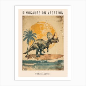Vintage Triceratops Dinosaur On A Surf Board 1 Poster Art Print
