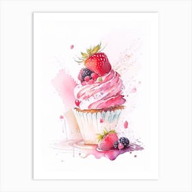 Strawberry Cupcakes, Dessert, Food Storybook Watercolours 1 Art Print