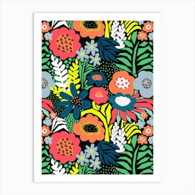 Paper Cut And Doodle Floral Collage Neon Rainbow On Black Art Print