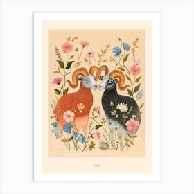 Folksy Floral Animal Drawing Ram Poster Art Print
