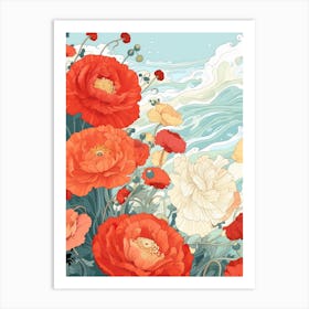Great Wave With Ranunculus Flower Drawing In The Style Of Ukiyo E 1 Art Print