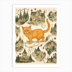 Medieval Village & Cute Ginger Kitten Art Print