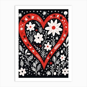 Heart Linocut Style Black & Red Art Print