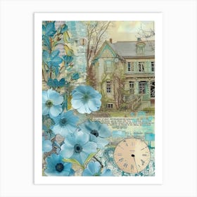 Light Blue Flowers Scrapbook Collage Cottage 1 Art Print