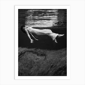 Woman In A White Dress Swimming Underwater, Vintage Black and White Old Photo Art Print