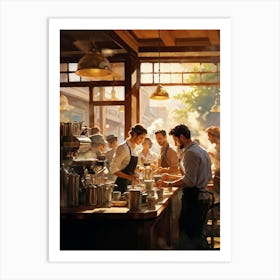 A Busy Cafe Scene Captured In Impressionist Style Barista Bustling Amidst The Morning Rush Meticul (1) Art Print