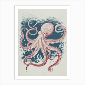 Retro Linocut Inspired Red & Navy Octopus 5 Art Print