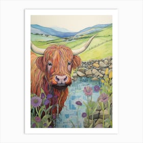 Linework Illustration Of A Highland Cow Pastel 2 Art Print