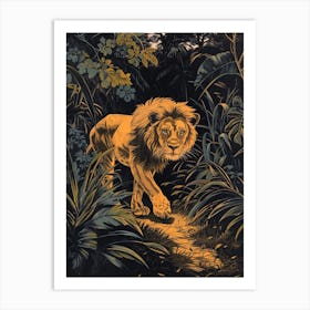 African Lion Relief Illustration Night Hunt 3 Art Print