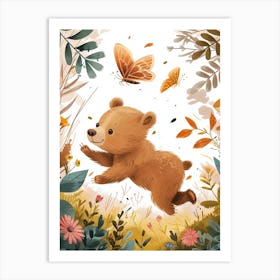Brown Bear Cub Chasing After A Butterfly Storybook Illustration 1 Art Print