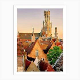 Sunset Over City And Belfry Of Bruges, Belgium Art Print