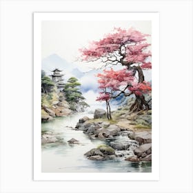 Ritsurin Garden In Kagawa, Japanese Brush Painting, Ukiyo E, Minimal 1 Art Print