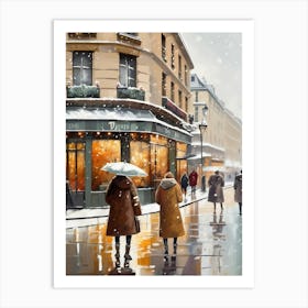 Paris cafes, winter season, Christmas, autumn oil colors, pale colors, pedestrians in the street, winter clothes, falling snow.10 1 Poster