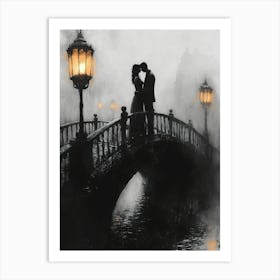 Couple Kissing On A Bridge, Romantic Monochrome Charcoal style Poster