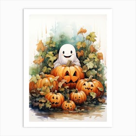 Cute Bedsheet Ghost, Botanical Halloween Watercolour 47 Art Print