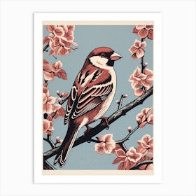 Vintage Bird Linocut House Sparrow 3 Art Print