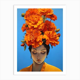 Orange Flowers On A Woman'S Head Art Print