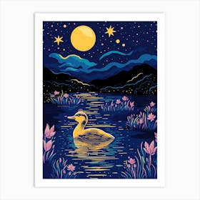 Linocut Style Duckling In The Lake Under The Moonlight 1 Art Print