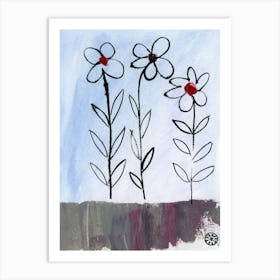 Three Daisies Blue Gray Floral Art Print