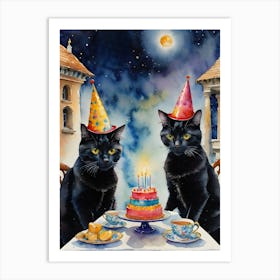 Watercolor Black Cat Friends Having a Birthday Party and Tea on a Full Moon Art Print