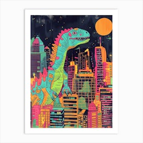Dinosaur Teal Orange Pink Cityscape Art Print