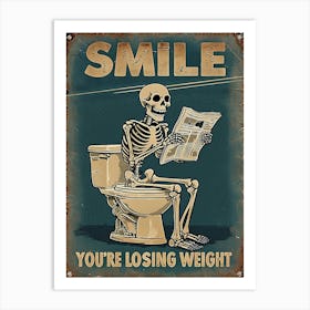 Humorous Vintage Skeleton On Toilet Reading Newspaper Art Print