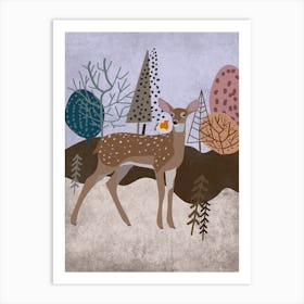 Deer Robin Animal Poster Tree Art Print