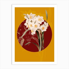 Vintage Botanical Bunch flowered Daffodil on Circle Red on Yellow n.0224 Art Print