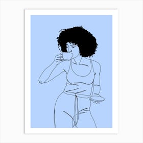 Afro Girl Drinking Coffee Monoline Hand Drawing Illustration Art Print