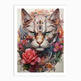 Cat With Roses 1 Art Print