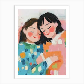 Two Girls Hugging Gouache Painting Póster