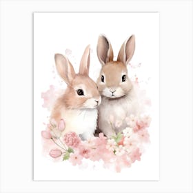 Watercolor Bunnies And Flowers Art Print