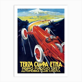 Vintage 1927 automobile race poster by Plinio Codognato promoting the 3rd Coppa Etna (Etna Cup) organized by the Catania Automobile Club. Art Print