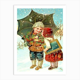 Boy And Girl Under Umbrella Art Print