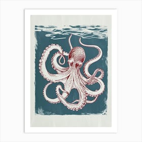 Octopus Swimming Around With Tentacles Red Navy Linocut Inspired 6 Art Print