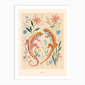 Folksy Floral Animal Drawing Gecko 2 Poster Art Print